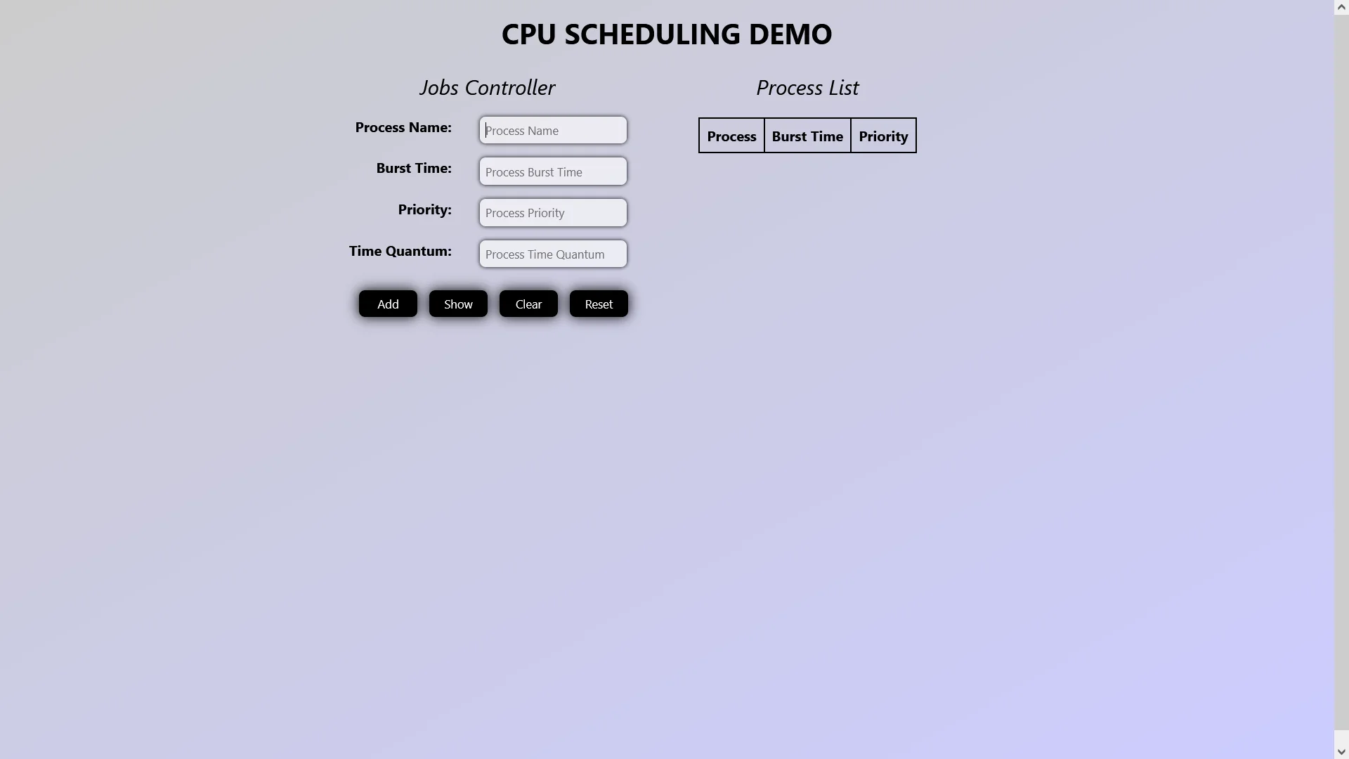 CPU Scheduling Demo Website's Homepage